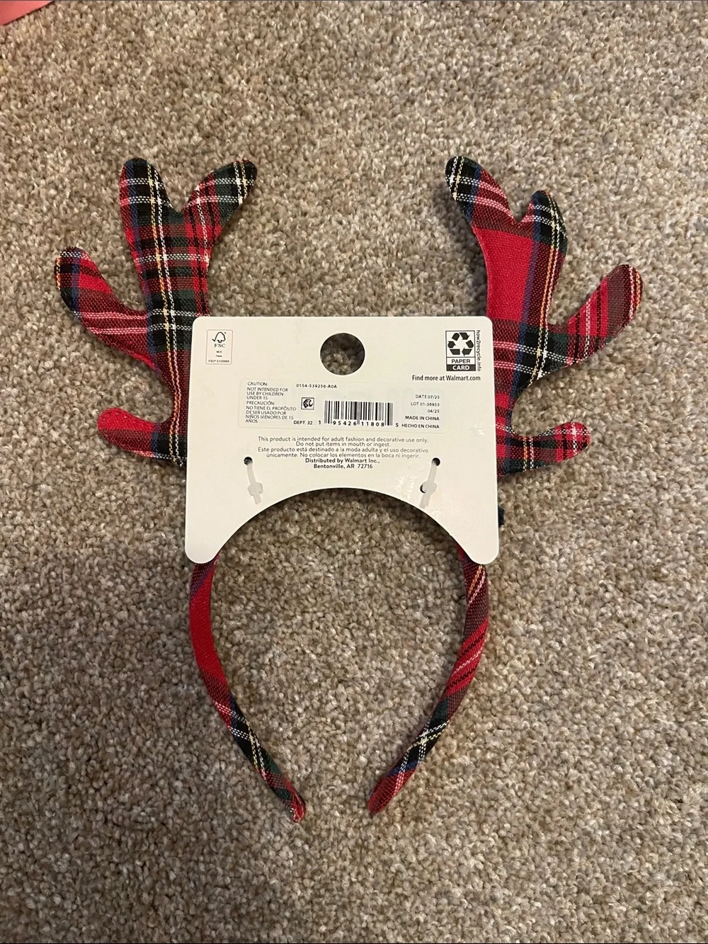 Holiday Time Red Plaid Reindeer Antler Headband with Jingle Bells